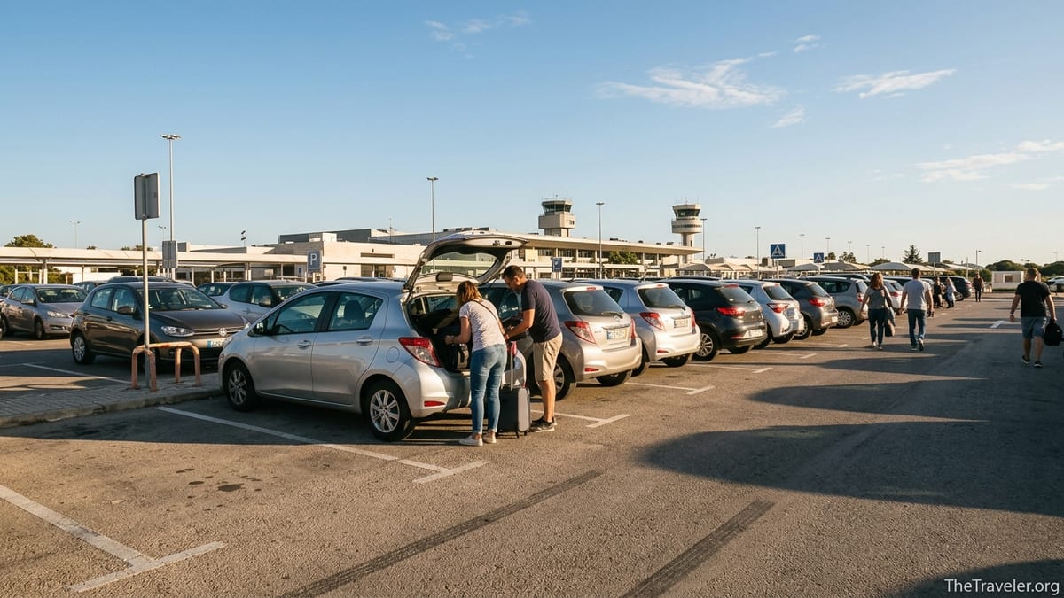 Travelers loading luggage into a rental car at Faro Airport car park under warm Algarve sunlight.