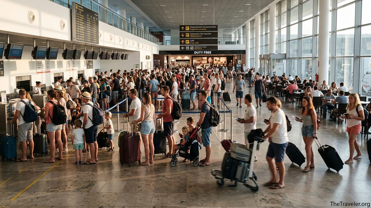 Busy Faro Airport departures hall with summer travelers queuing at check-in and security.