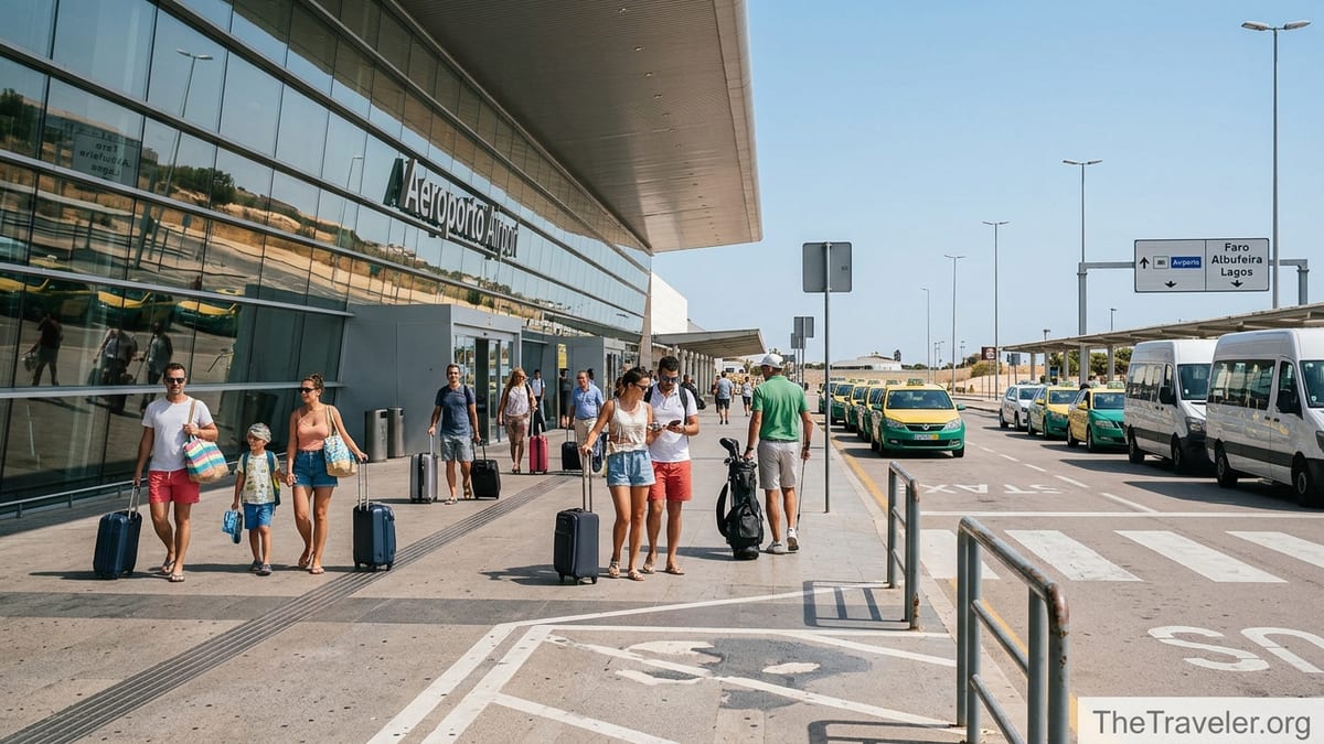 Travelers with luggage outside Faro Airport forecourt boarding taxis and shuttles under a clear Algarve sky.