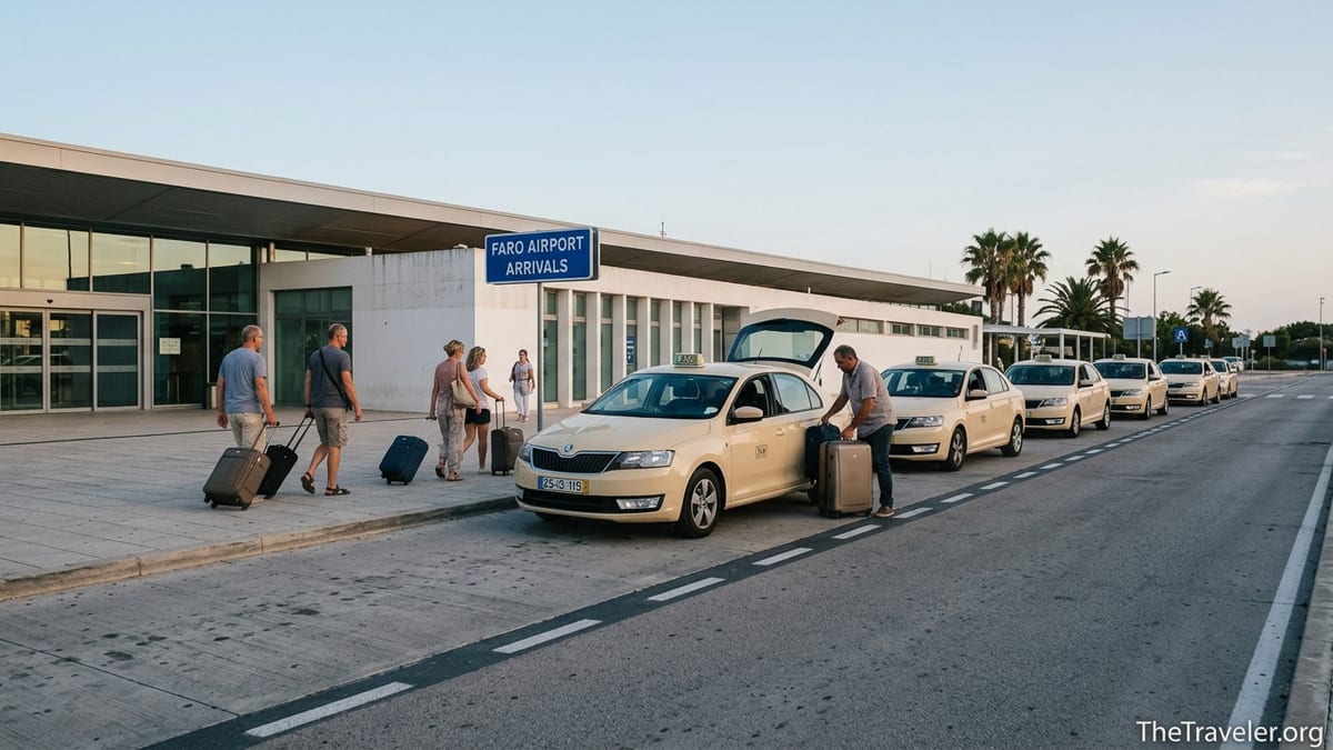 Taxis lined up at the official rank outside Faro Airport arrivals at dusk.