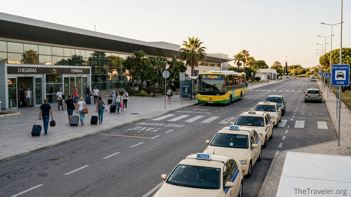 Travellers with luggage exiting Faro Airport toward buses and taxis at sunset