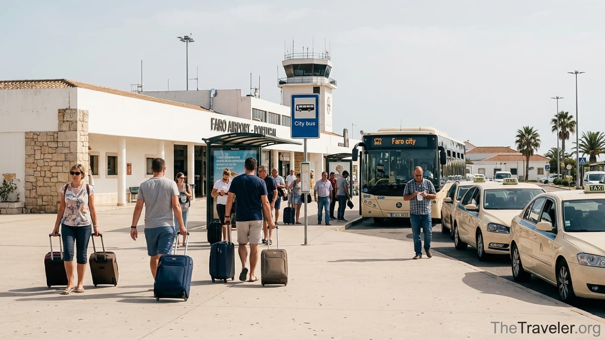 Travellers outside Faro Airport choosing between a city bus and taxis under bright Algarve sun.