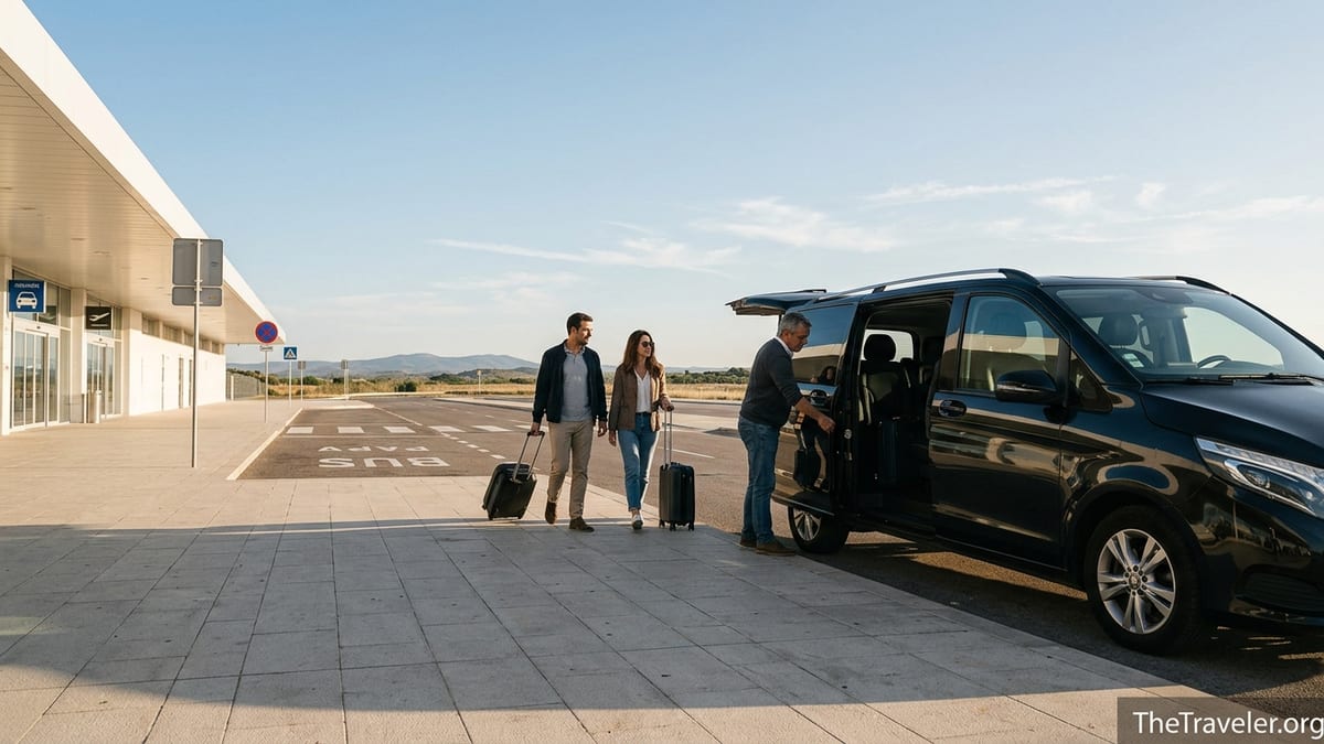 Traveler loading luggage into a private transfer van outside Faro Airport at sunset.