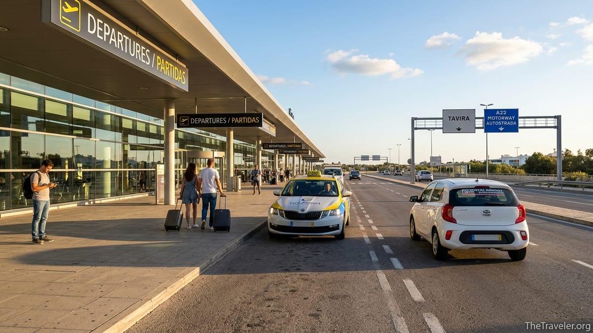 Taxis and rental car outside Faro Airport with signs pointing toward Tavira and the A22 motorway.