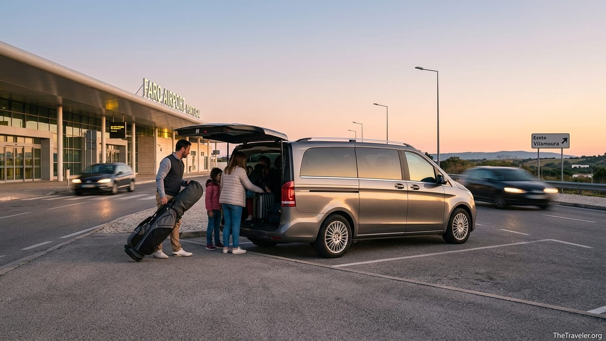 Travelers loading luggage and golf clubs into a minivan outside Faro Airport at sunset.