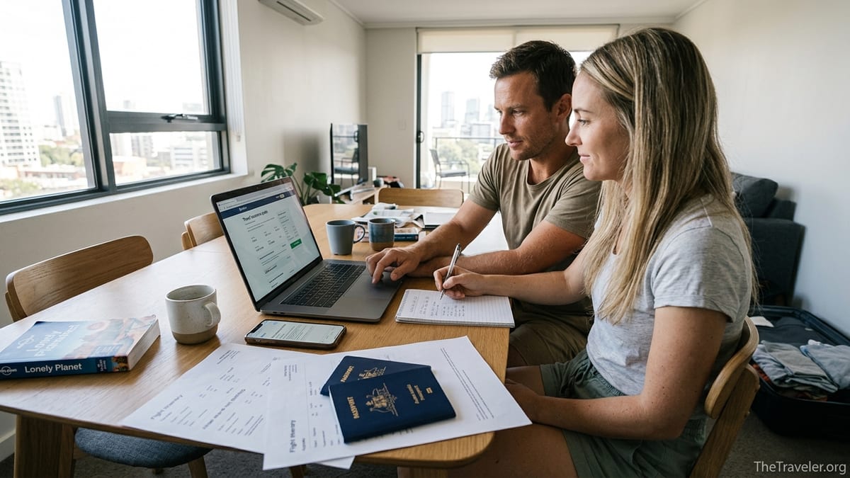 Australian couple reviewing Fast Cover travel insurance documents before an overseas trip.