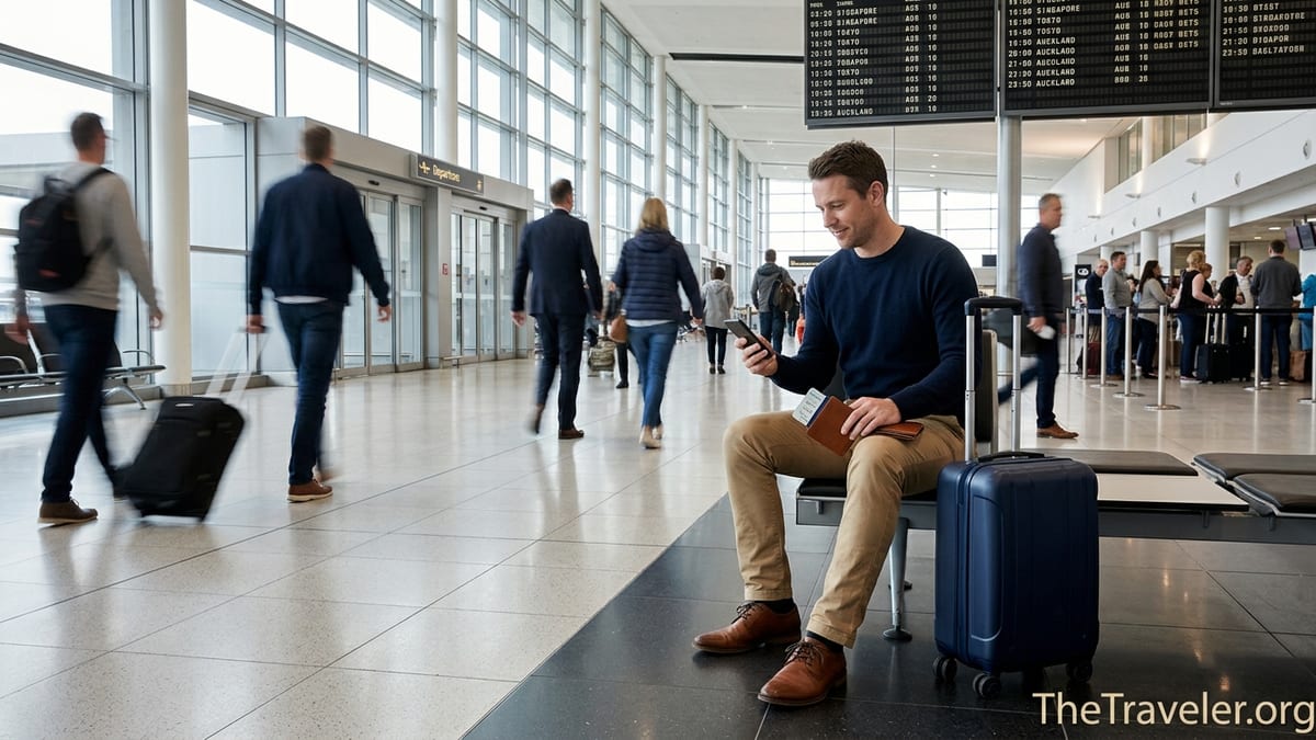 Frequent traveler sitting with carry-on in a bright airport terminal checking travel insurance on their phone.