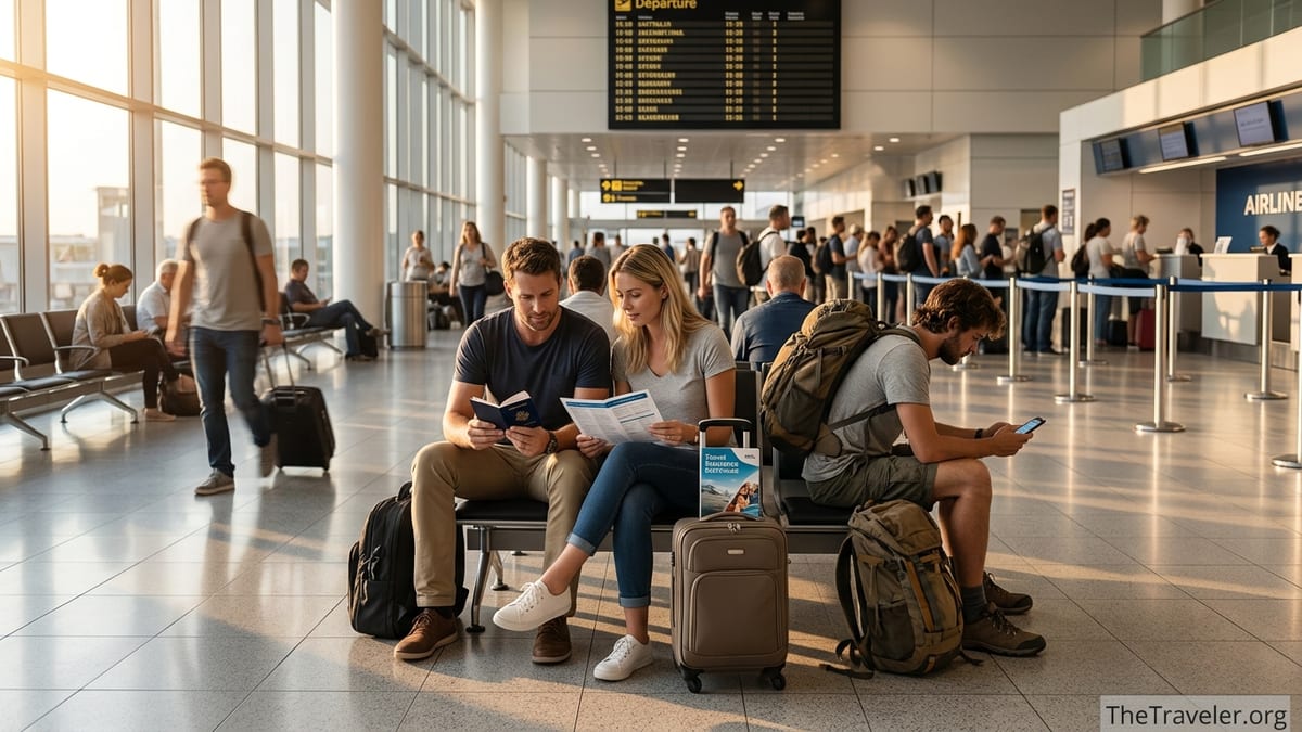 Travellers at an airport comparing documents and phones while preparing for a trip.