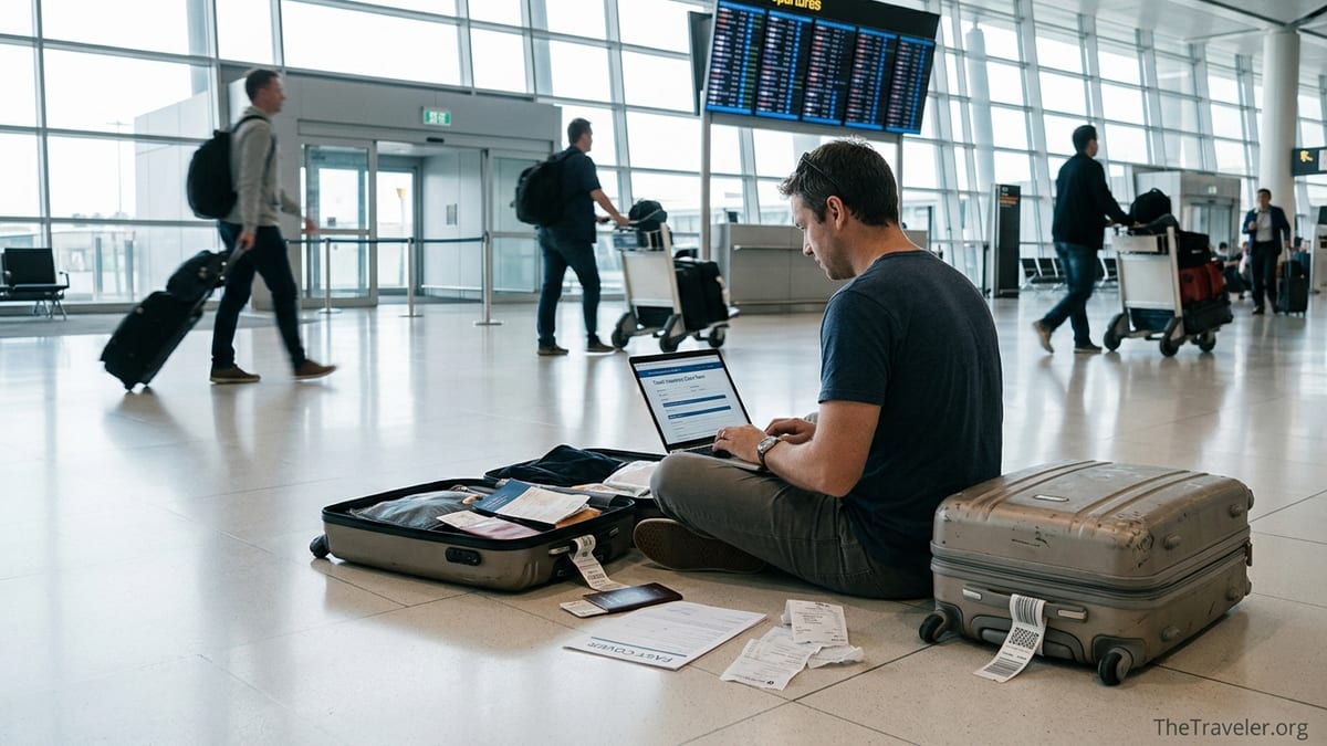 Traveller reviewing travel insurance paperwork and receipts in a quiet airport gate area.