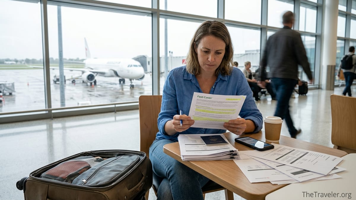 Traveler at an airport carefully reading a printed travel insurance policy.