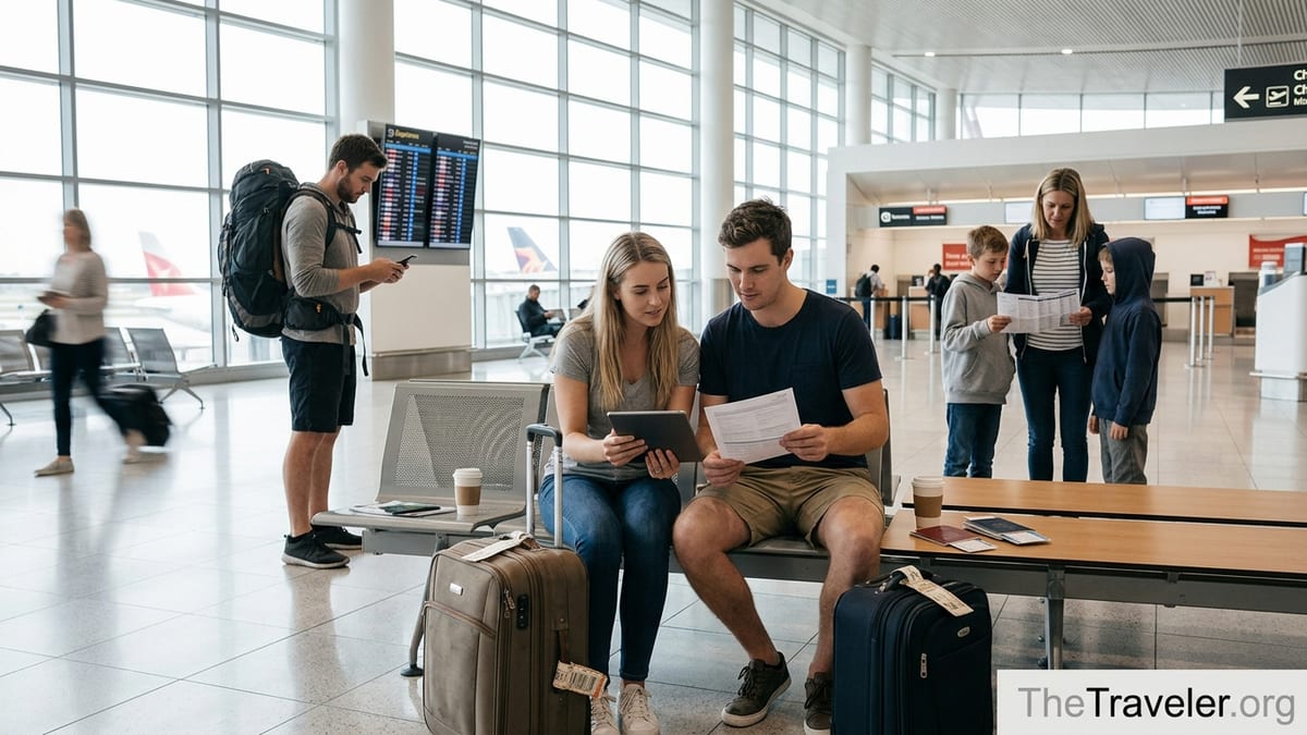 Travellers at an airport comparing travel insurance documents before an international flight.