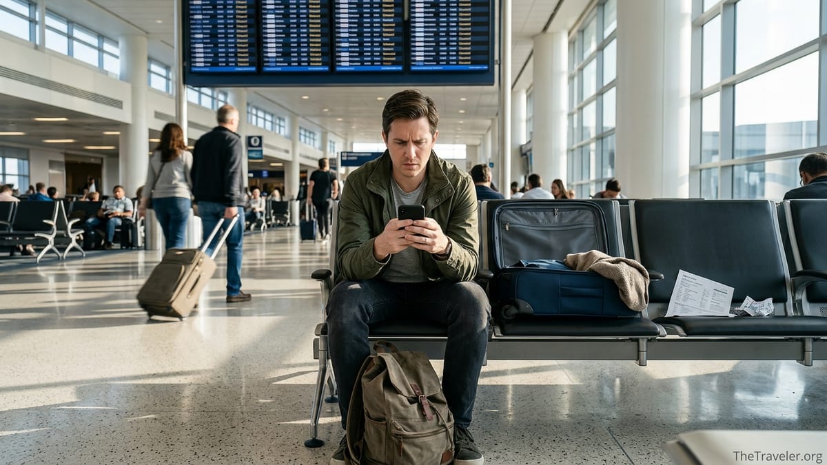 Concerned traveler in an airport lounge reviewing travel insurance on a phone.