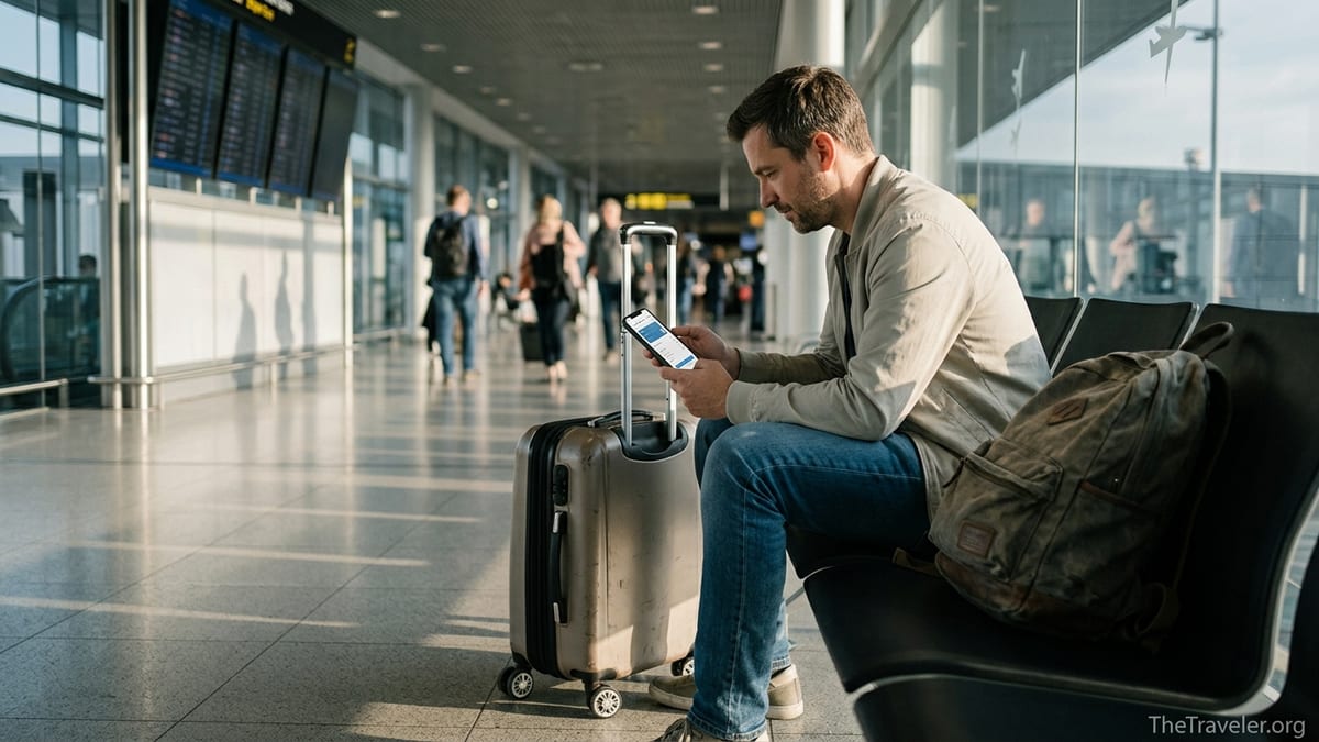 Traveler at airport gate checking travel insurance app on smartphone beside carry-on bag.