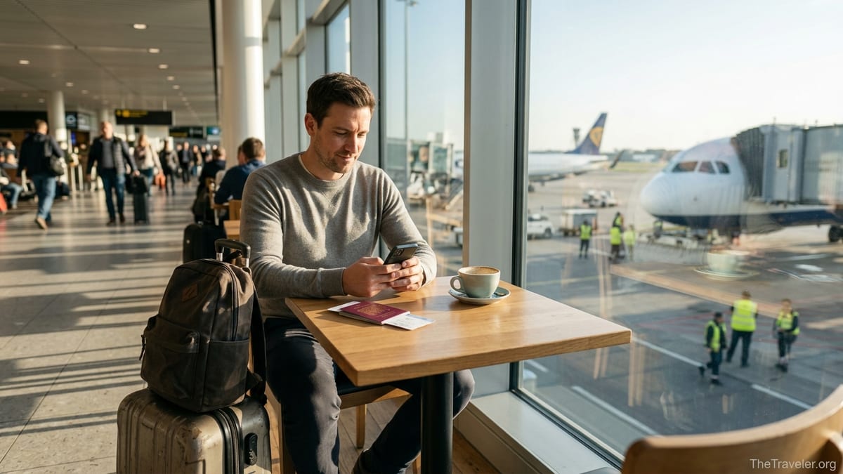 Traveler in airport café checking travel insurance app before flight.