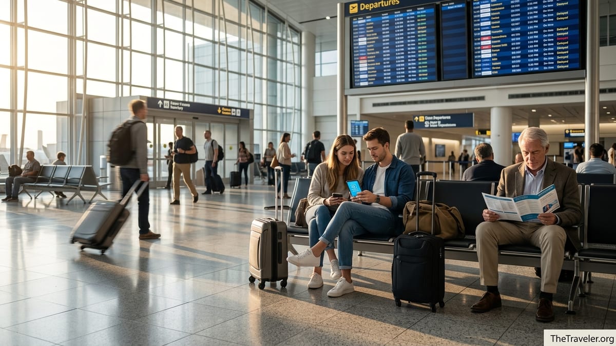 Travelers in a bright airport terminal comparing travel insurance on a phone.