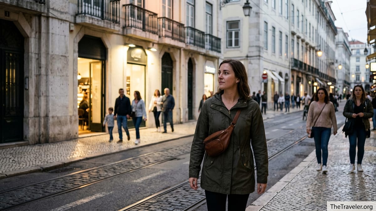 Solo female traveler walking confidently on a well-lit European street at dusk.