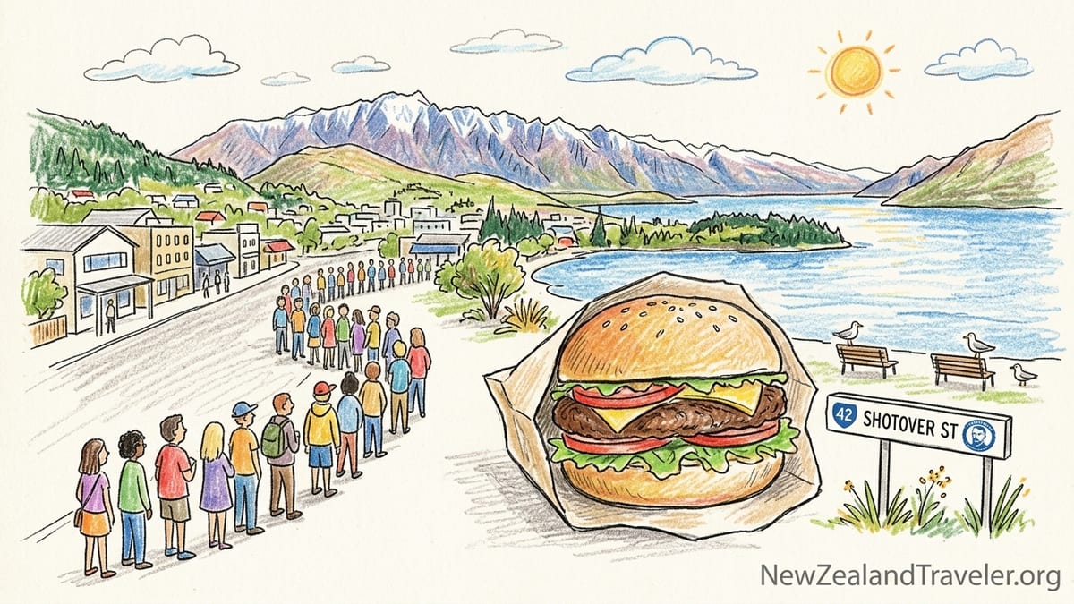 Evening queue outside Fergburger on Shotover Street in Queenstown with mountains in the background.