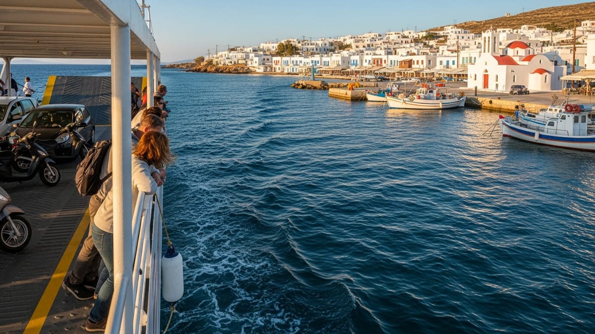 Passengers on ferry crossing Aegean Sea towards Antiparos, late afternoon.
