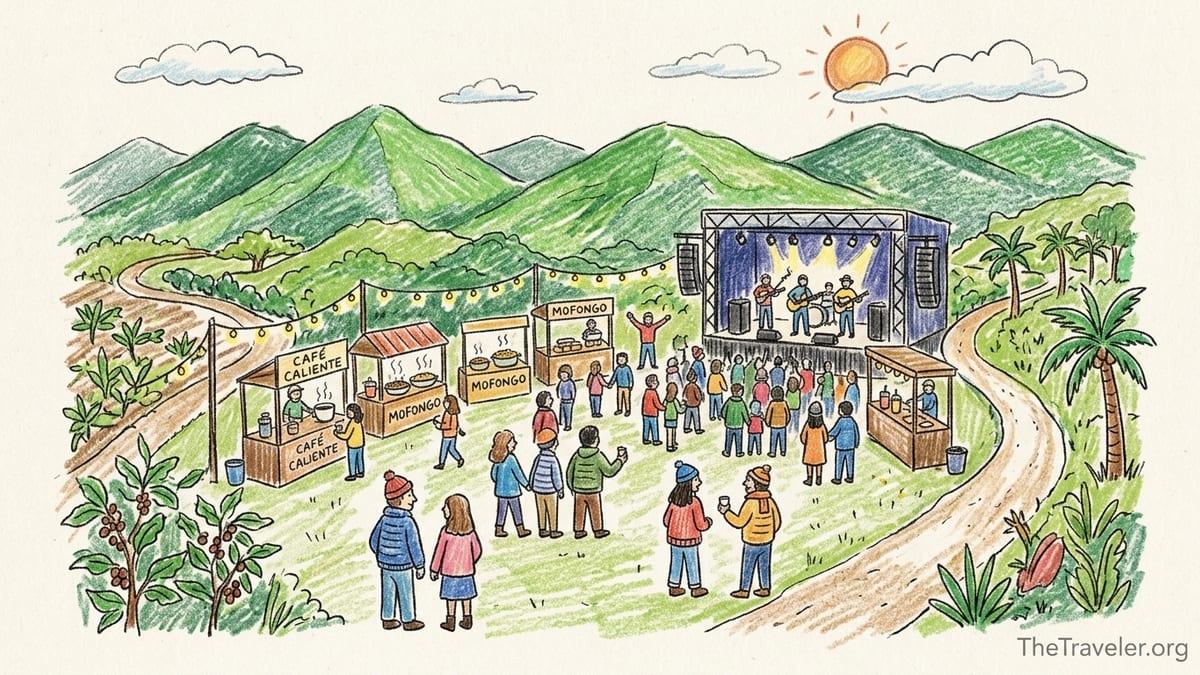 Evening crowd at Festival del Frío in Adjuntas with stage, food kiosks and cool mountain backdrop