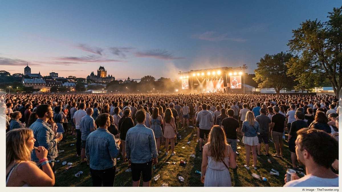 Crowd at Festival d’été de Québec facing the main stage on the Plains of Abraham at sunset.