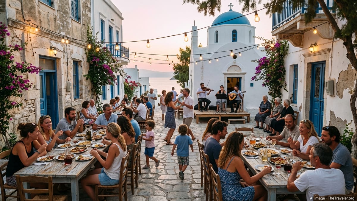 Evening village festival in a Greek island square with music, tables and string lights.