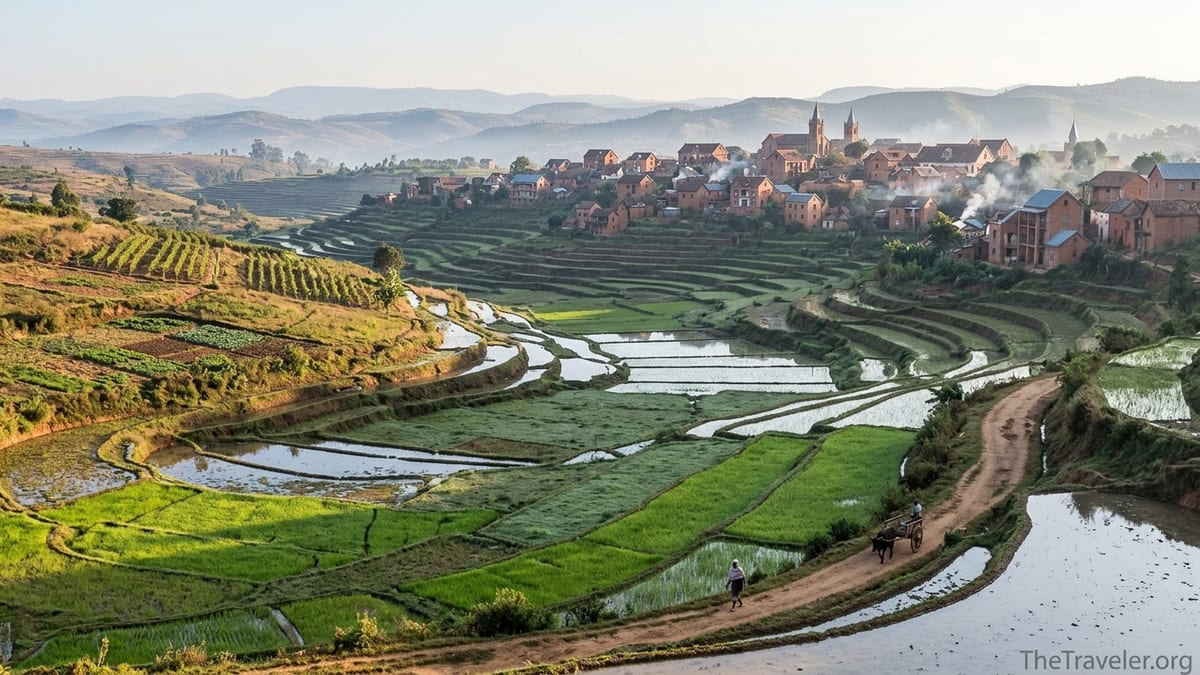 Sunrise over terraced rice fields and red-brick highland village near Fianarantsoa in Madagascar.