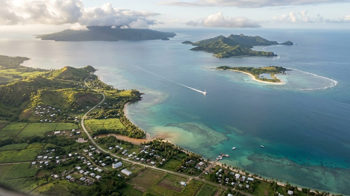 Aerial view of Fiji's island geography, with varied landscapes and water tones, in the late afternoon.