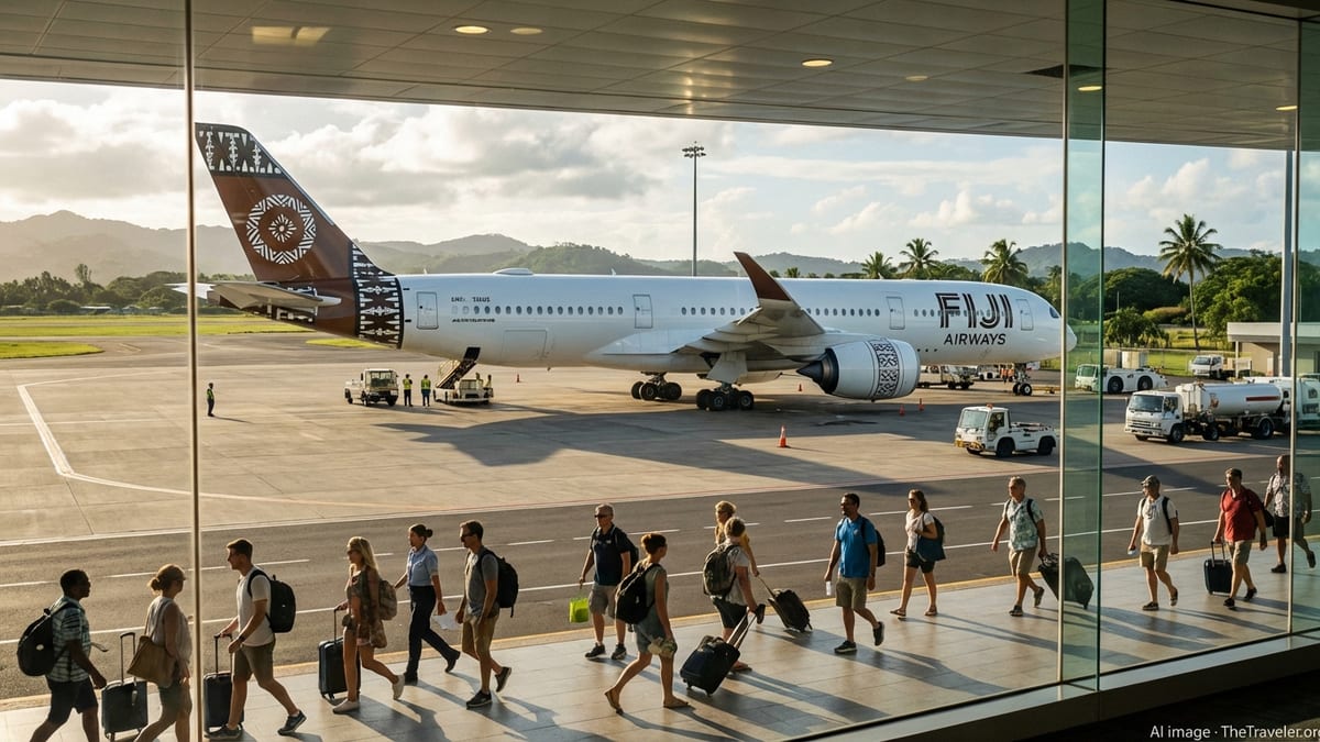 Fiji Airways jet at Nadi Airport at golden hour with travelers moving through the terminal.