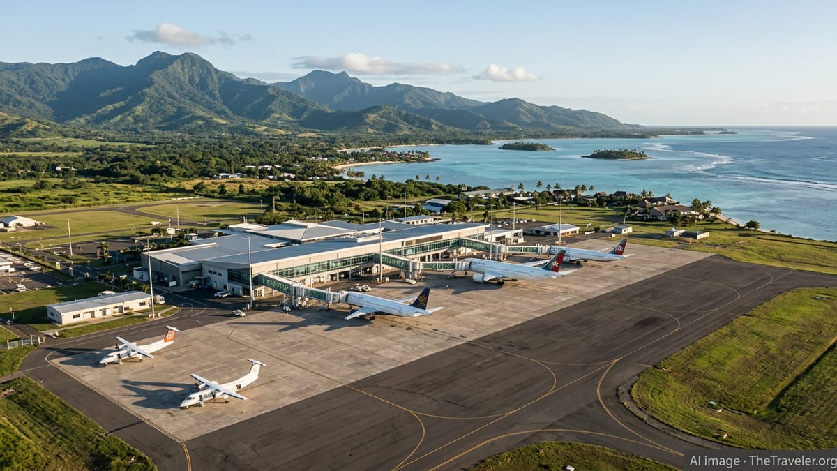 Aerial view of Nadi Airport’s modern terminal and runways framed by Fiji’s coastline and green hills at sunset.