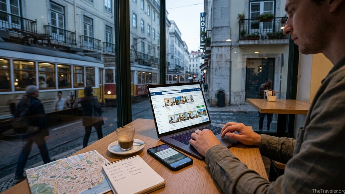 Traveler at café comparing hotel prices on laptop and phone with price alerts visible.