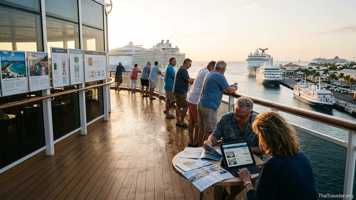 Travelers on a cruise ship deck comparing brochures and ships in port at sunset.