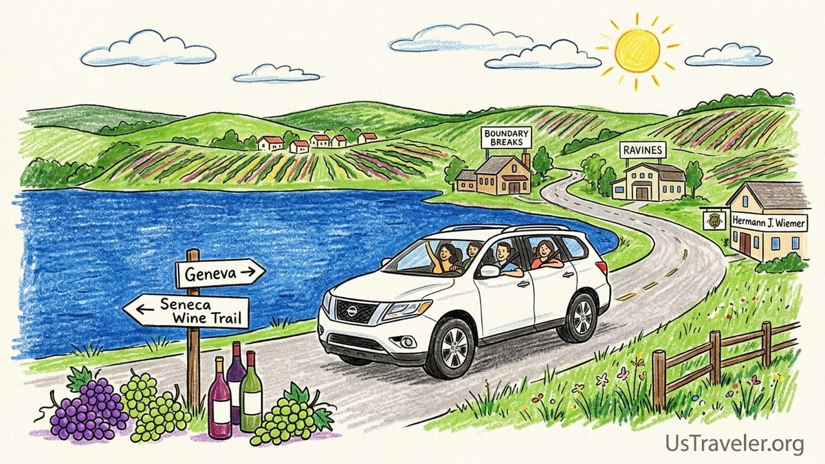 Chauffeured wine tour on Seneca Lake with Riesling glasses and vineyards above the water.