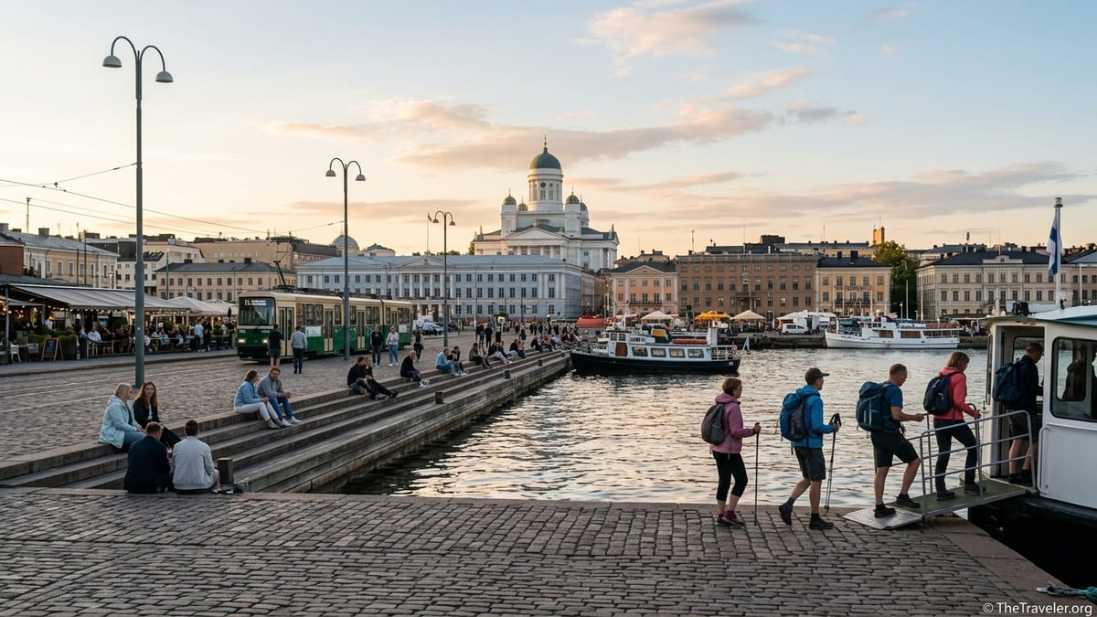Summer evening at Helsinki waterfront with cathedral, tram and travelers by the harbor