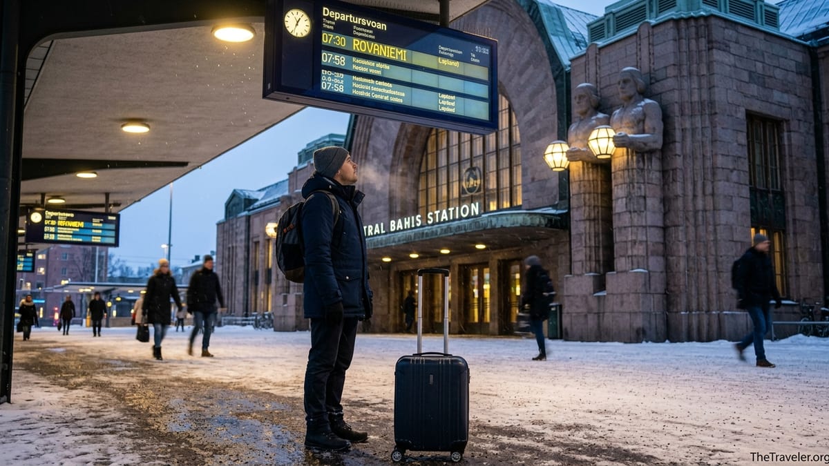 Traveler with suitcase at snowy Helsinki Central railway station in winter dawn light.