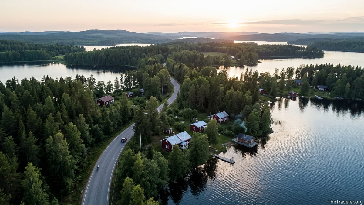 Aerial view of Finnish lakes, forests and red cottages glowing in soft midsummer light.