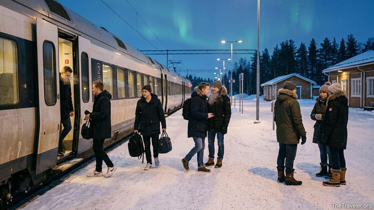 Travelers in mixed winter clothing step off a train onto a snowy platform in Rovaniemi, Finland at dusk.