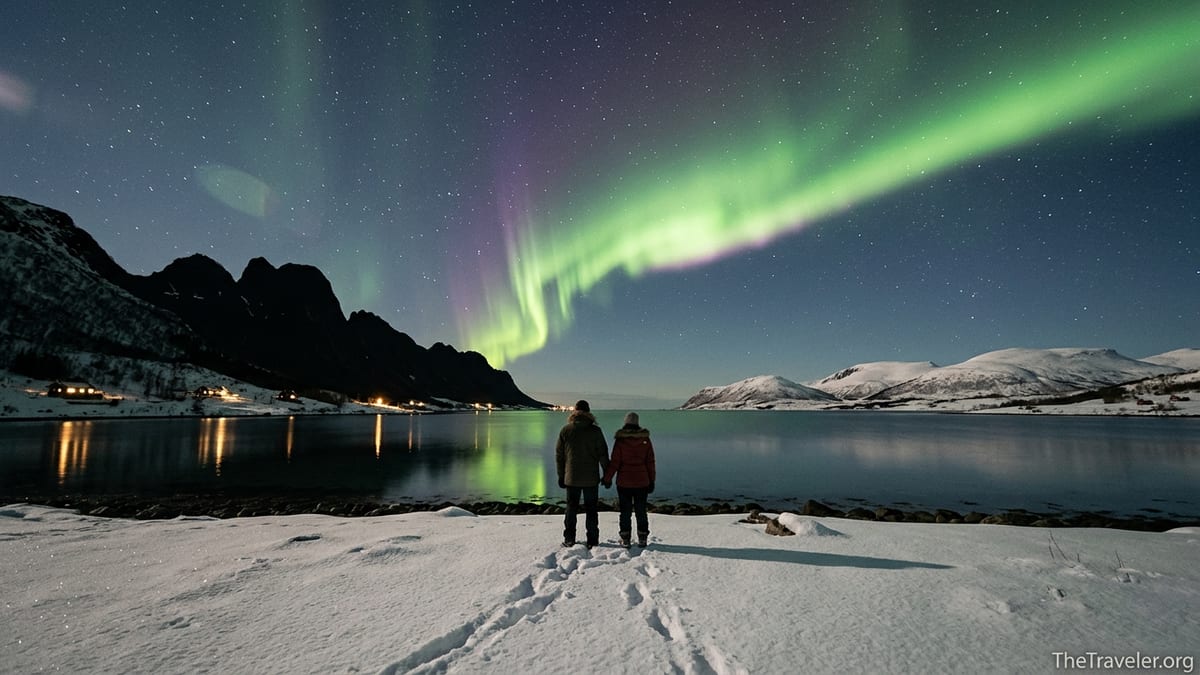 Travelers watch vivid Northern Lights over a snowy fjord with Norwegian peaks and distant Lapland hills.