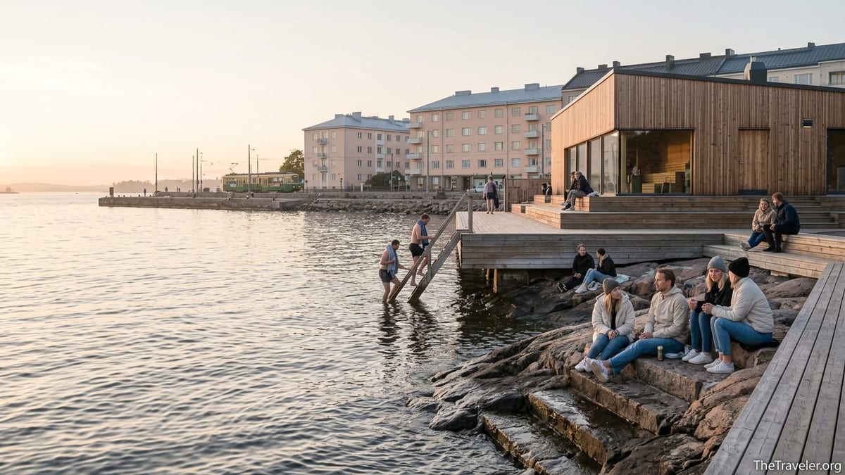 Summer evening by a Helsinki seaside sauna with people on the rocks and swimmers in the calm harbor.