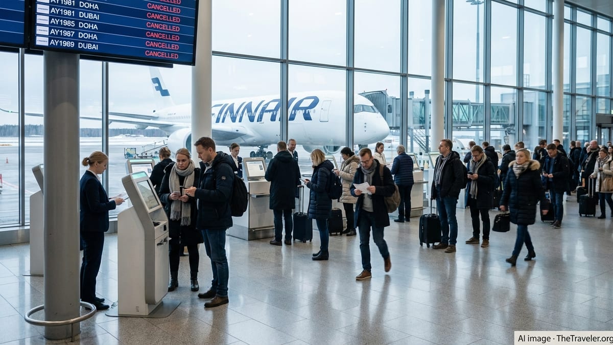 Passengers at Helsinki Airport checking cancelled Finnair flights to Doha and Dubai on departure boards.