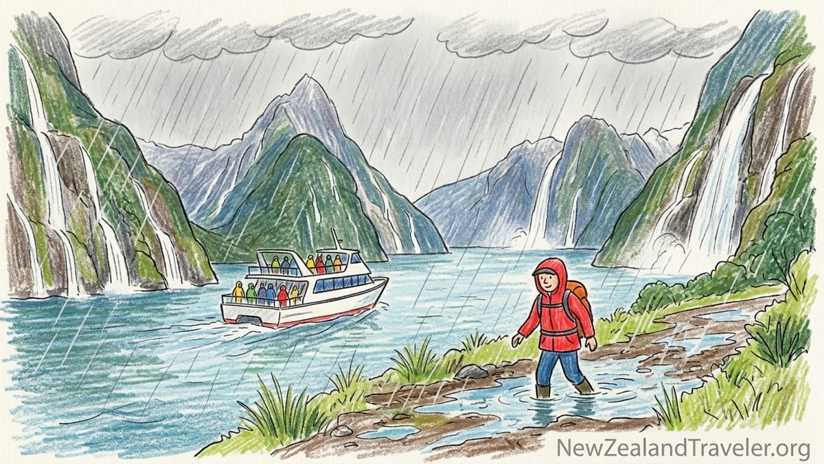 Rainy Milford Sound with cliffs covered in temporary waterfalls seen from a boat deck.
