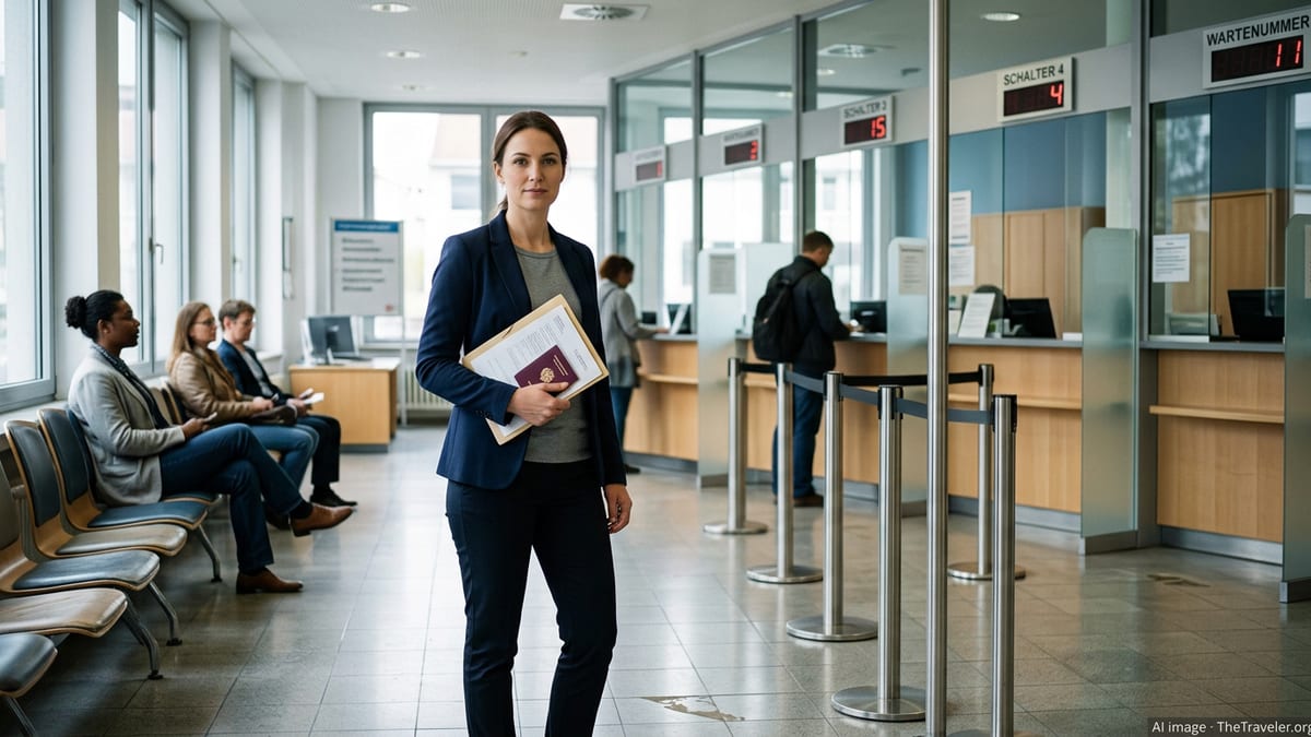 New arrival in Germany waiting with documents at a Bürgeramt registration office