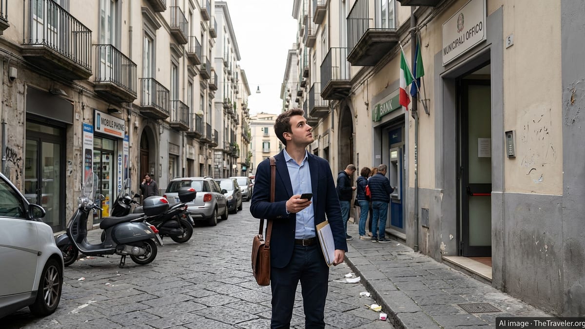 Newcomer in an Italian city street holding documents outside local offices.