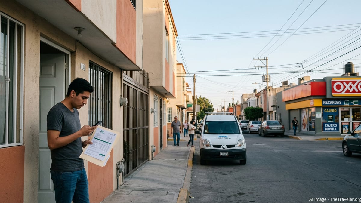 New arrival in Mexico checking phone outside apartment with utility bills and street services visible.