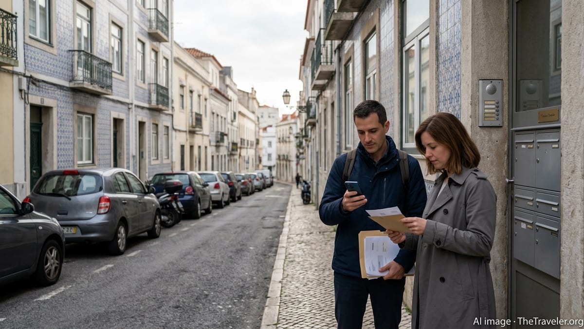 Newcomers outside a Lisbon apartment building organizing documents in a quiet residential street.