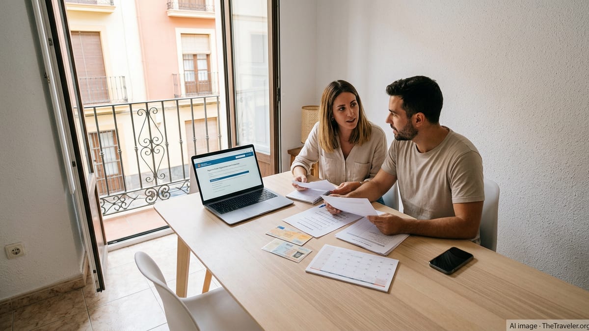 Newcomers in a Spanish apartment reviewing relocation paperwork at a table