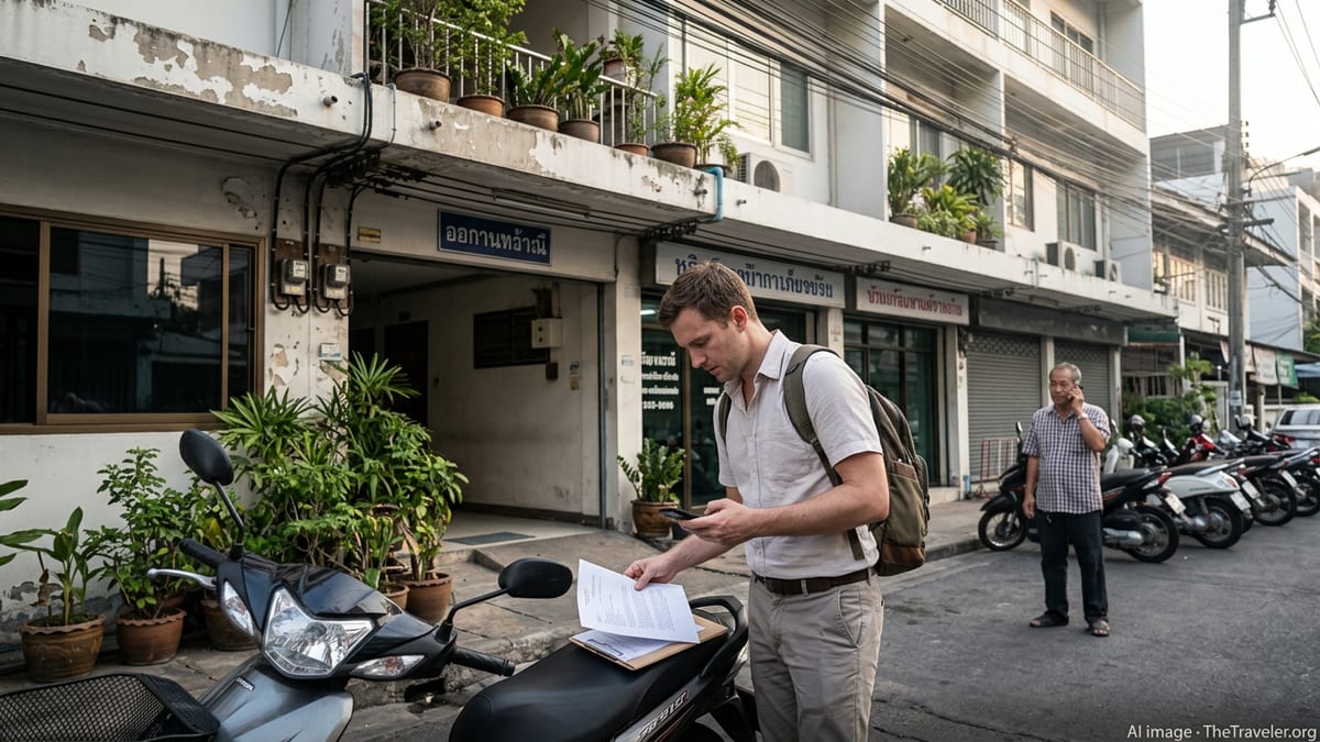New foreign resident in Bangkok reviewing documents outside Thai apartment building