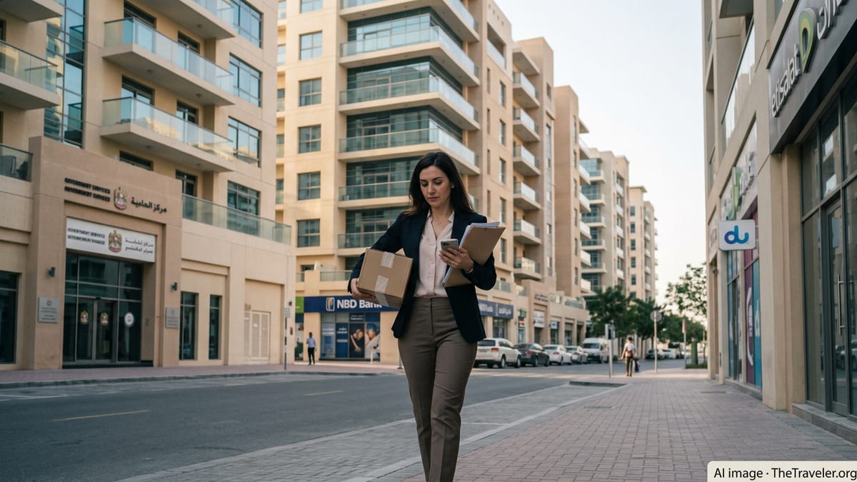 New resident walking through a UAE city street with documents, passing banks and service offices.