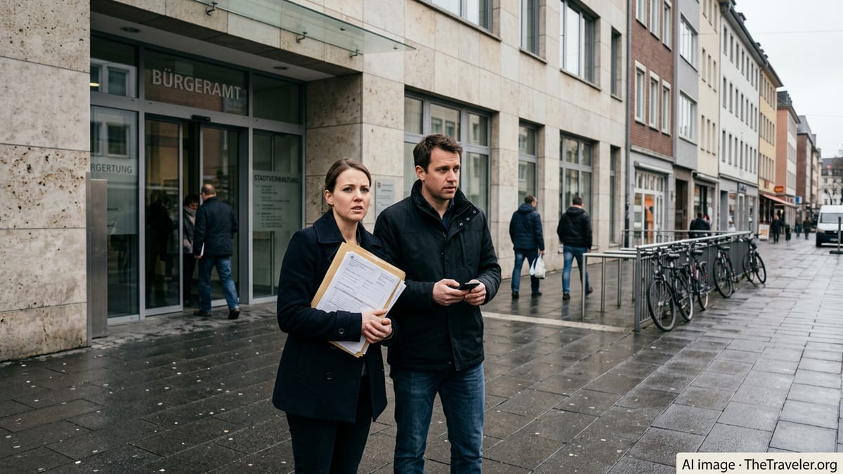 New residents outside a German Bürgeramt with documents during first 90 days setup.