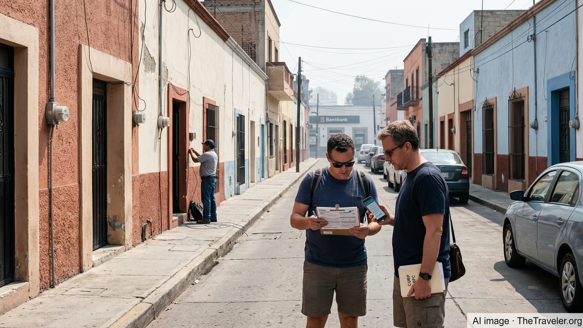 Expats on a Mexican residential street organizing documents, phone, and utility setup.