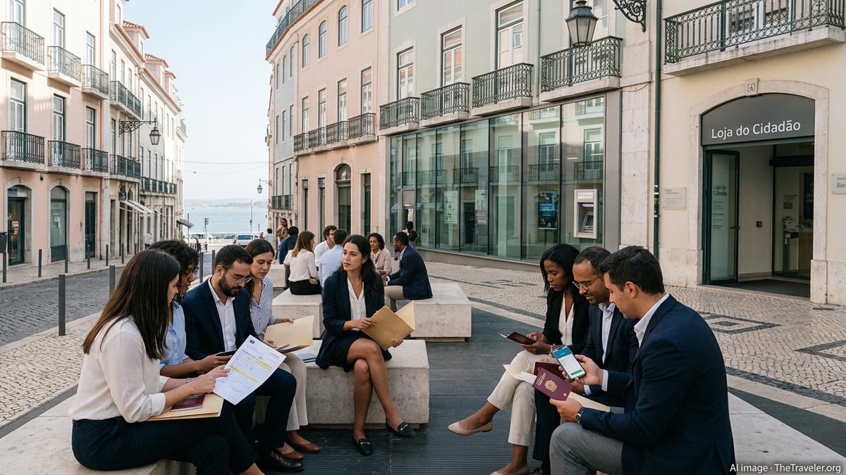 Professionals outside a Portuguese bank and citizen service center setting up banking and tax details.